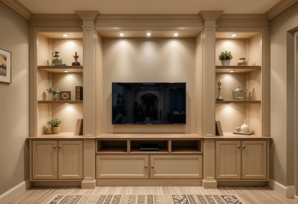 TV mounted inside a custom wall recess with lighting in a contemporary brown bedroom.