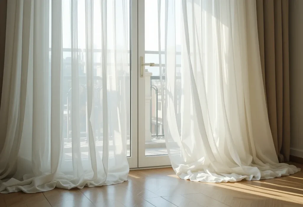 Light white sheer curtains flowing to the floor by a glass balcony door, softening the daylight.