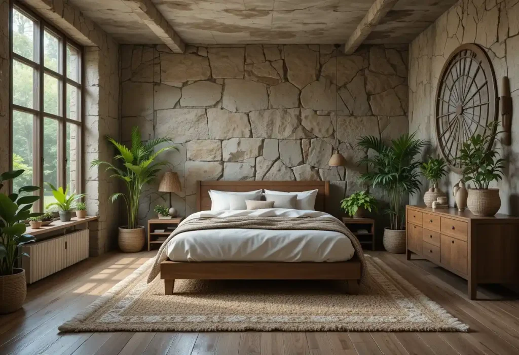 "Nature-themed bedroom with wood, stone, and plant accents"