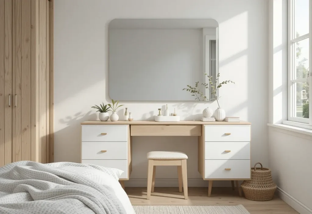 Scandinavian-style bedroom with pale wood vanity, white drawers, potted plant, and simple neutral styling.