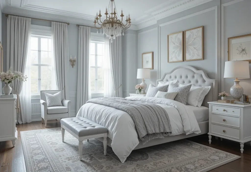 A single-tone bedroom styled entirely in gray with matching bed, walls, and textured decor pieces.