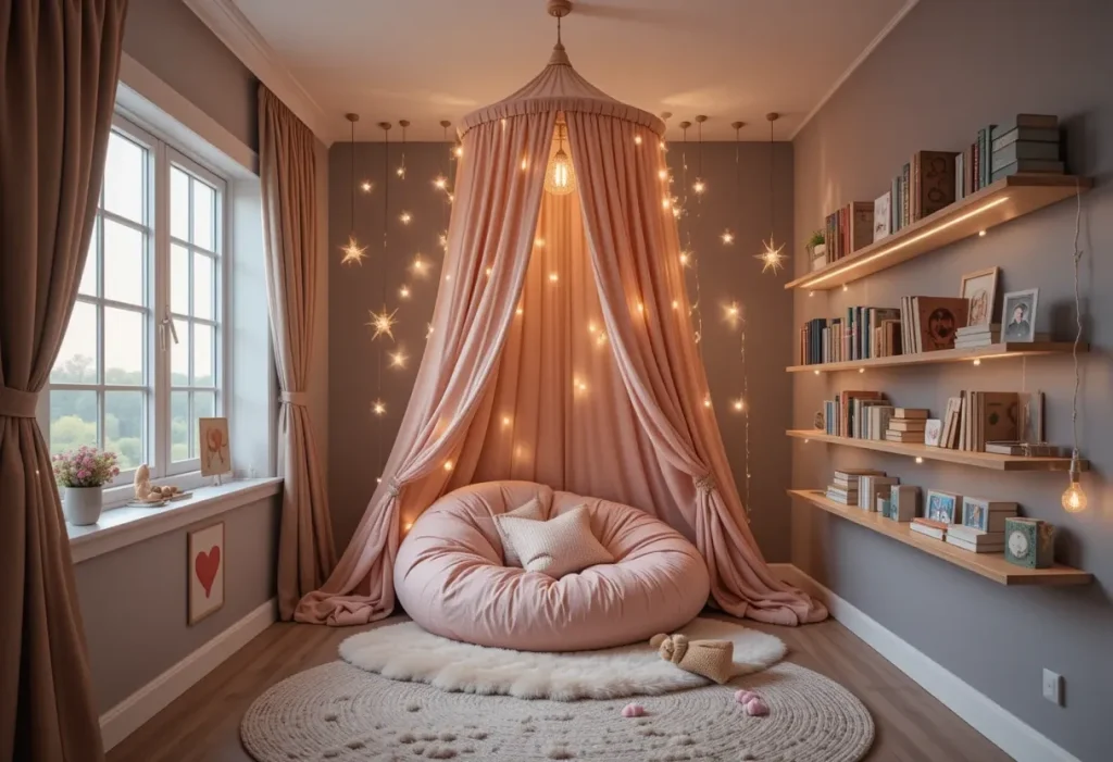 Children’s bedroom corner featuring a beanbag, floating bookshelves, string lights, and soft pillows.