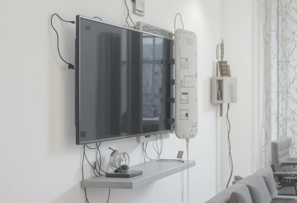 Wall-mounted TV above floating shelf in a small bedroom.