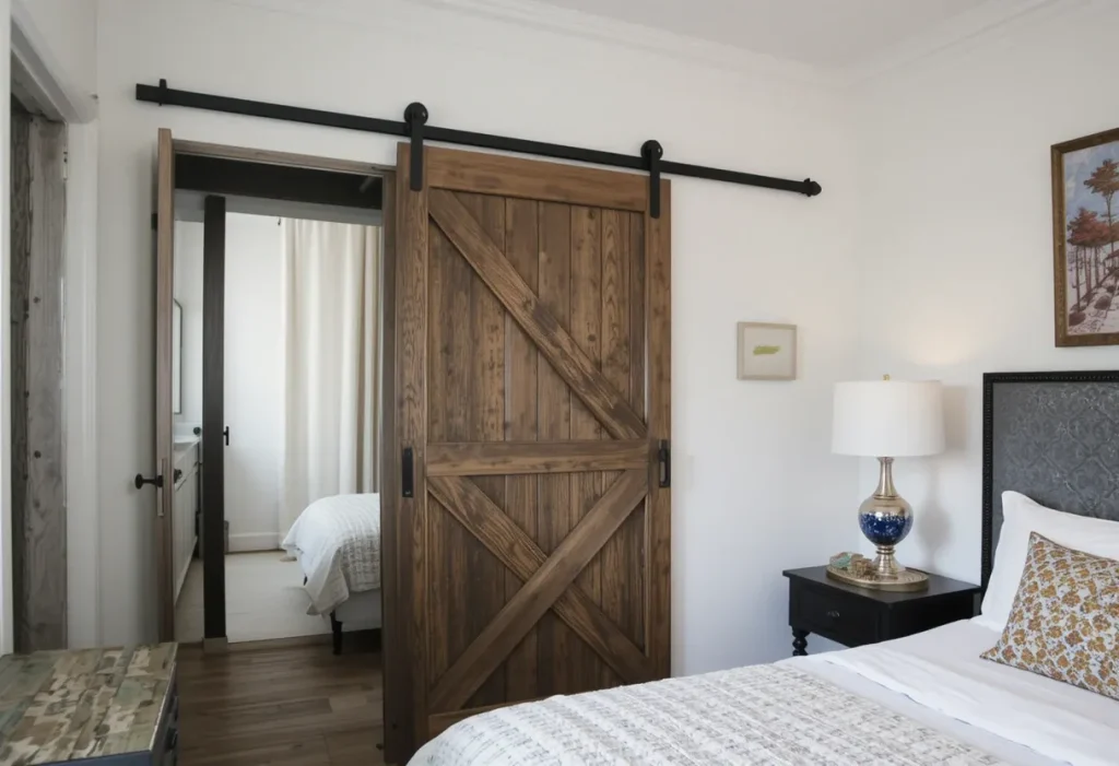 Wooden sliding barn door on a track used as a space-saving closet entrance with rustic style.