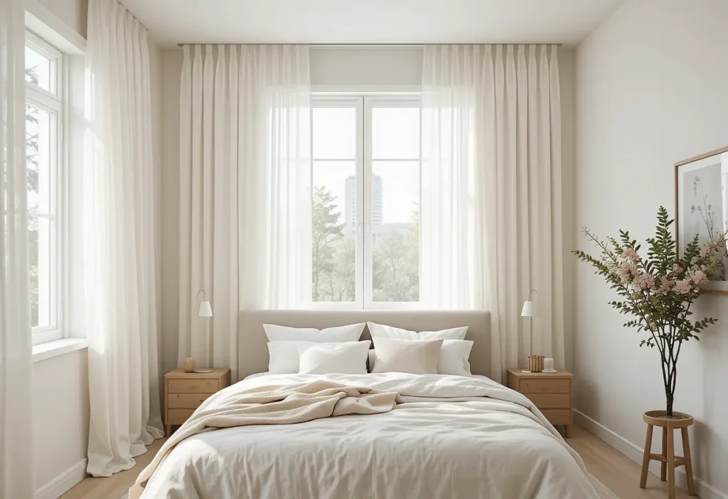 Small bedroom with sheer curtains hung high to maximize light and make the space feel taller and more open.
