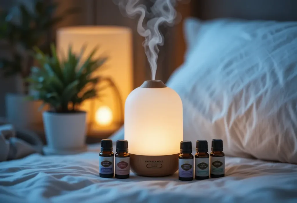 "Bedside table with essential oil diffuser and relaxing scents for a calming bedroom atmosphere."
