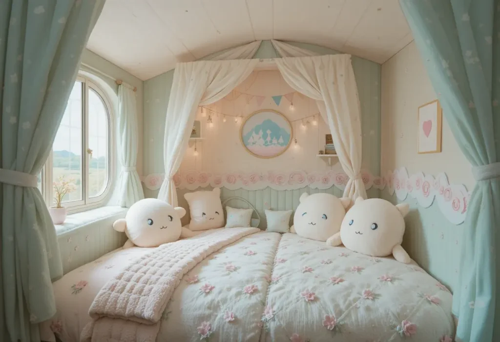 "Adorable guest pod with pastel colors, cute plushies, soft cloud lighting, and Kawaii-style decor."