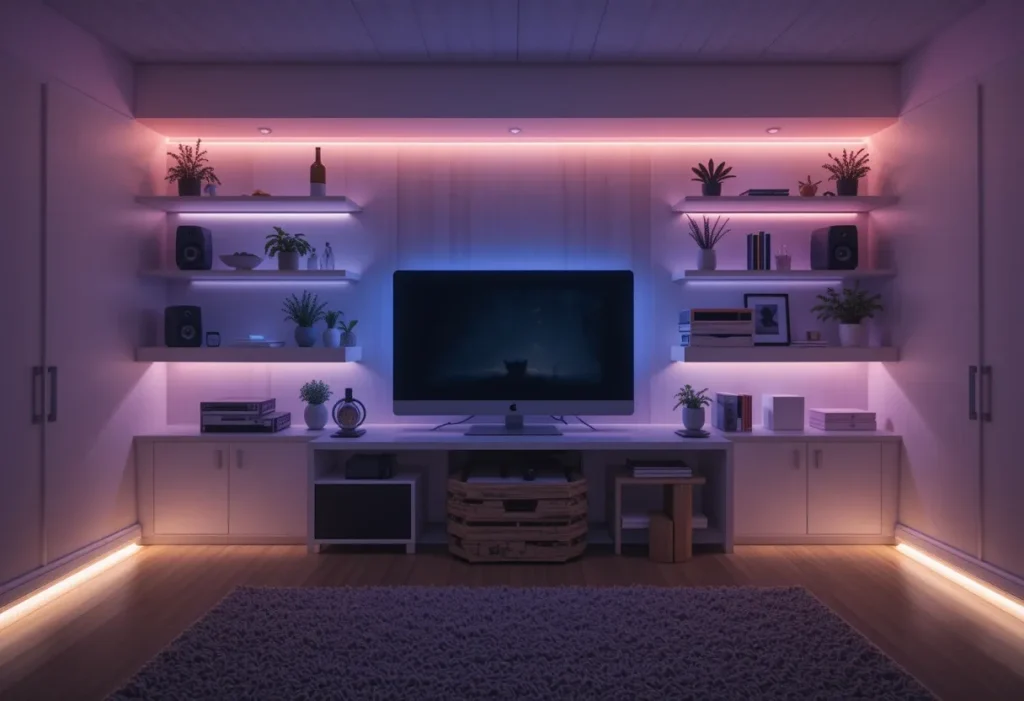 Soft, hidden LED strips glowing subtly behind a monitor and under shelves, enhancing room ambiance.
