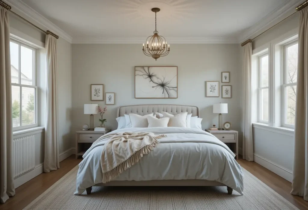 "Bedroom featuring a soft-colored ceiling in blush or blue, adding a calm and dreamy touch to a cozy, light-filled space.