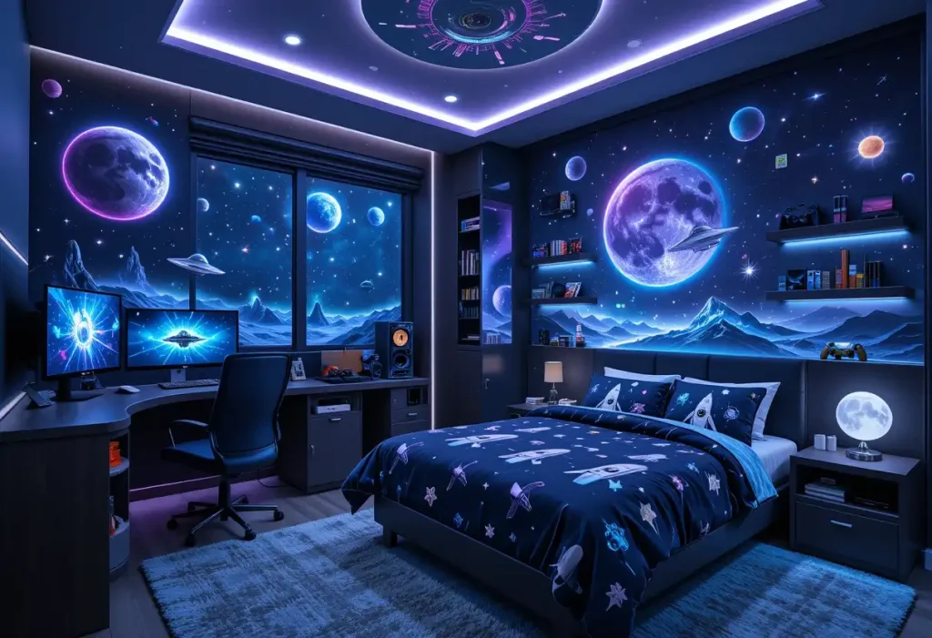"Outer galaxy gamer-themed boys’ bedroom with starry walls, neon lights, gaming desk setup, and space-themed decor."