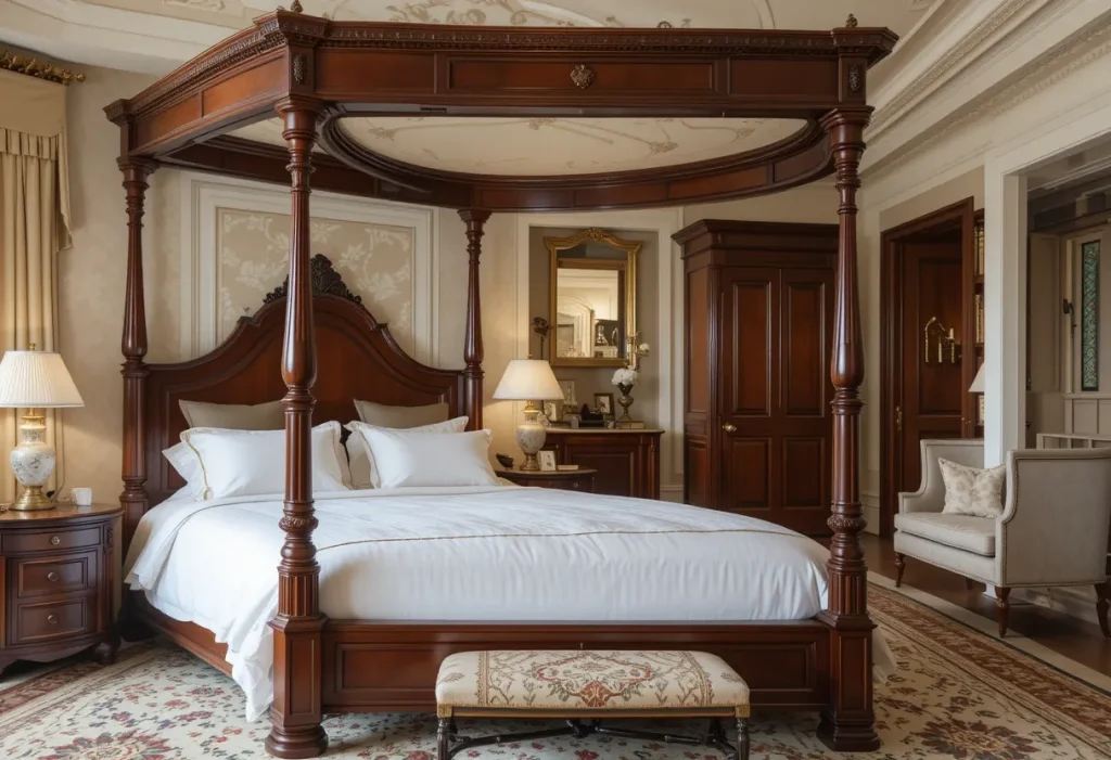 Rich mahogany wood bed frame styled with ivory bedding and classic bedroom decor.