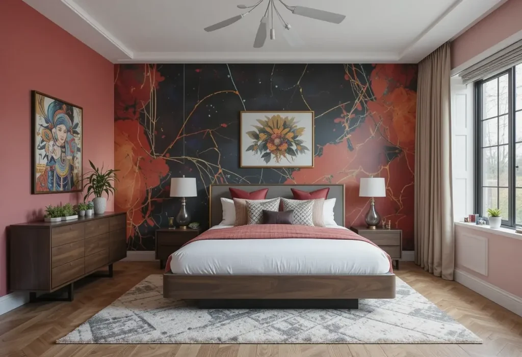 "Bedroom with striking accent wall and contemporary decor"