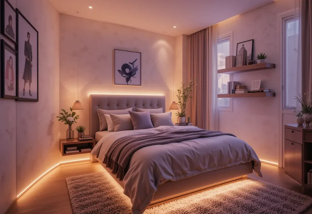 "Cozy small bedroom with soft LED lights glowing from behind the headboard and shelves, creating a warm and peaceful atmosphere.