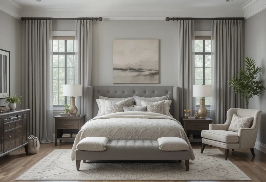 Soft grey curtains in guest bedroom with high-mounted curtain rods