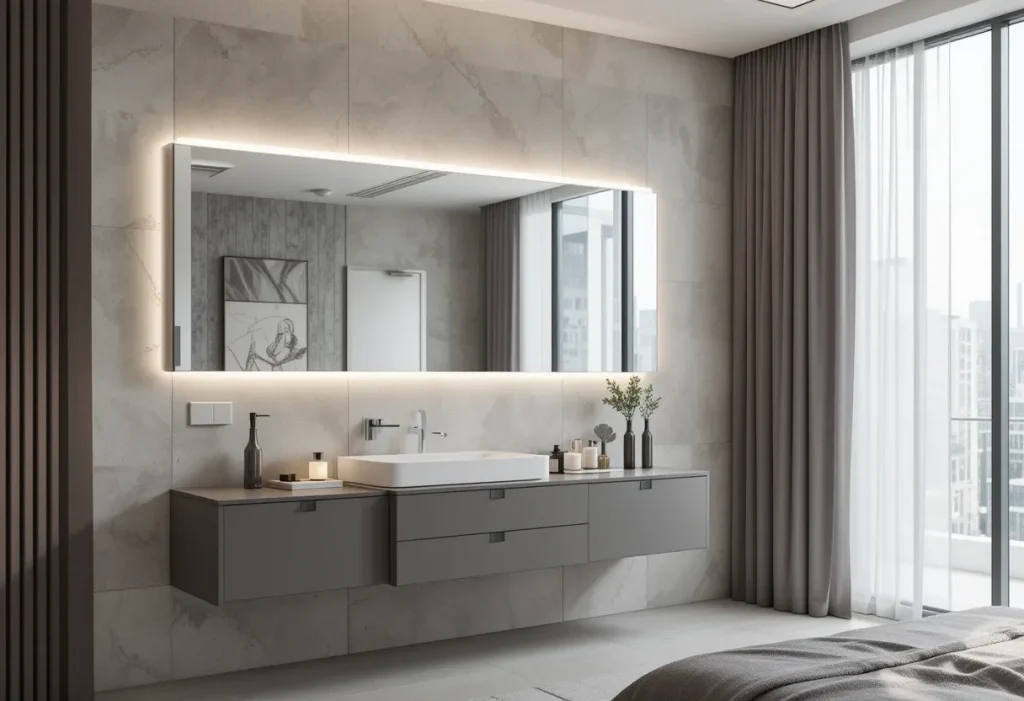 Minimal bedroom with a frameless floating mirror, matte taupe vanity, and hidden lighting for soft glow.