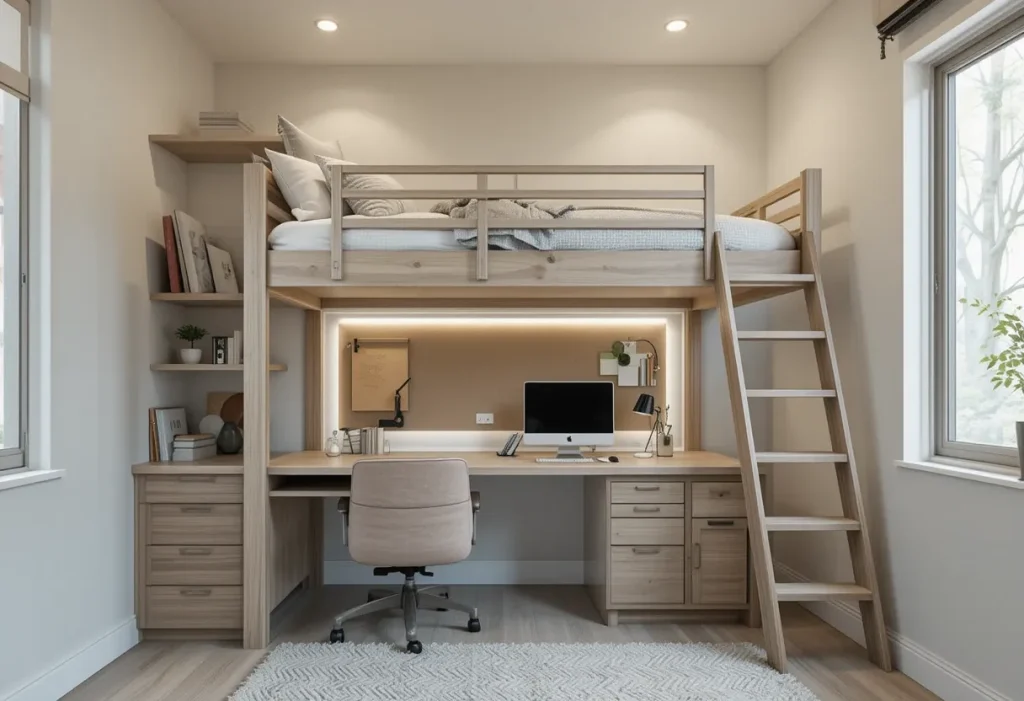 A compact bedroom with a raised loft bed and a small desk with shelves and lighting below.