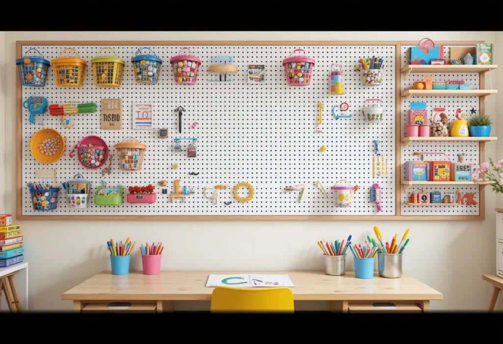 Pegboard wall with hanging baskets, hooks, and containers for organizing kids’ art supplies and toys.