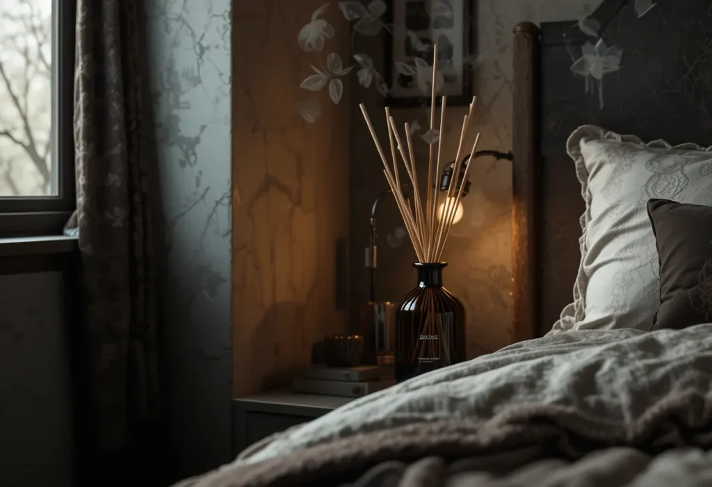 Dark bedroom with scented diffuser in a black bottle adding a romantic, cozy aroma.
