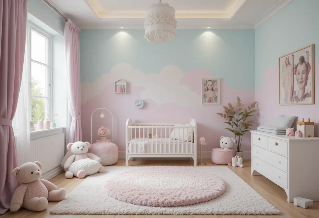 "Toddler room with soft pastel colors, cozy lighting, and gentle decor for a soothing atmosphere."