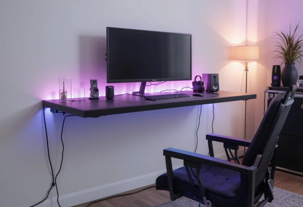 Wall-mounted floating gaming desk with sleek design, under-glow lighting, and no visible support legs.