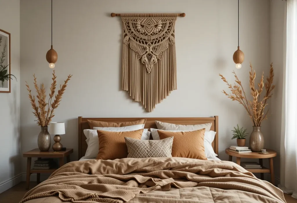 Brown macrame wall art hanging above a bed, adding texture to a minimal earthy bedroom.