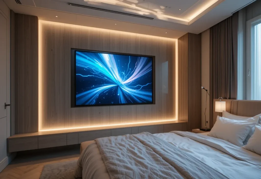 Dual-purpose display that flips from art to TV in a sleek brown bedroom setting.