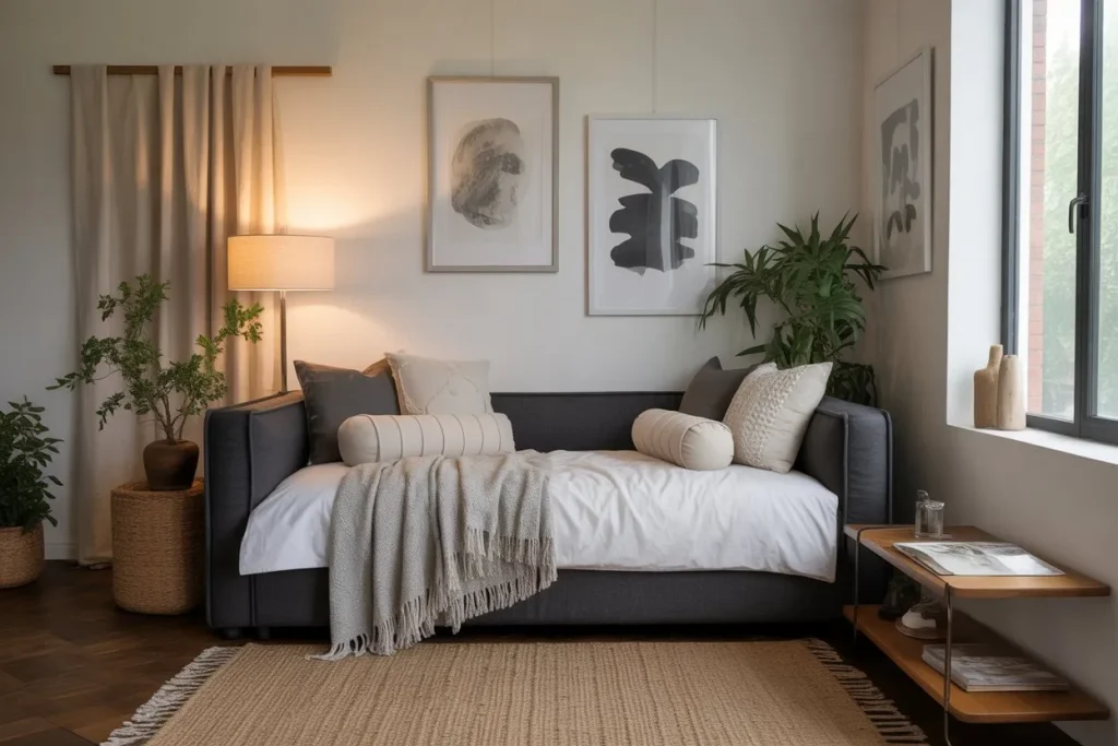 Grey daybed in a compact room styled with throw pillows, blankets, and multi-use furniture.