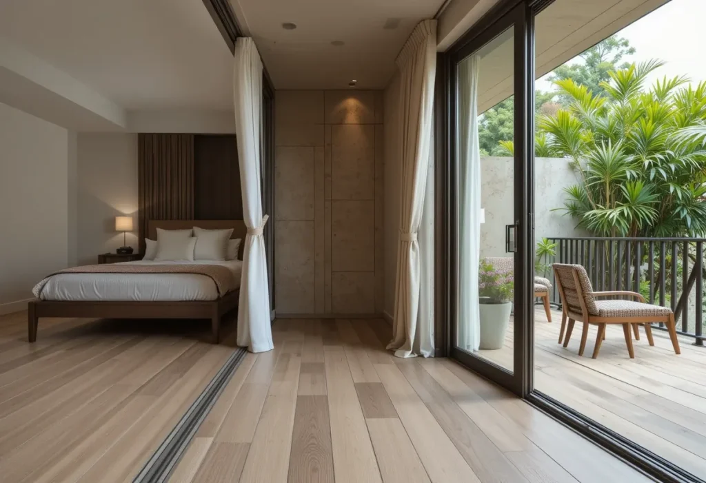 Seamless transition of wood or tile flooring from bedroom to balcony, creating a spacious, cohesive look.