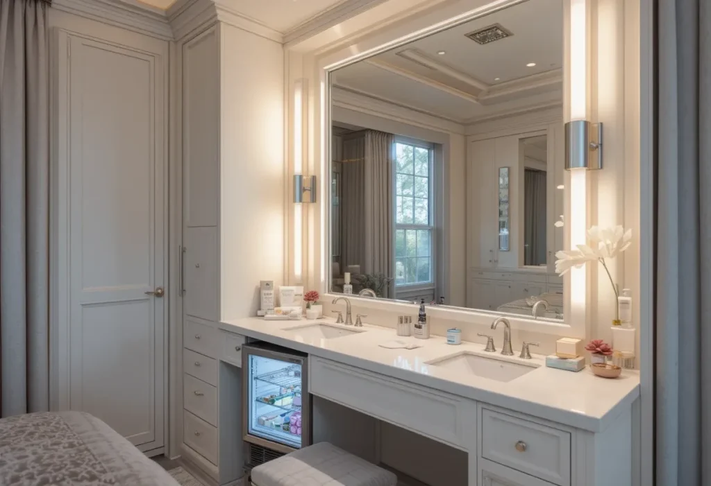 Modern bedroom vanity with a mini skincare fridge, clear organizers, and pastel accents for a luxe feel.