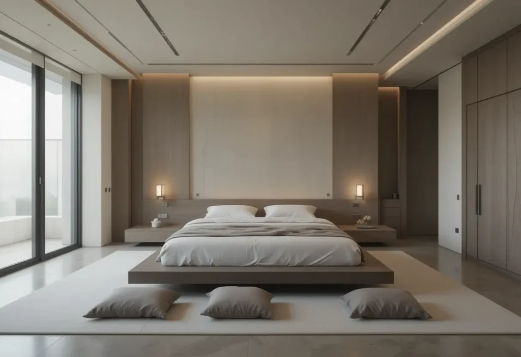 "Low-platform bed bedroom with minimal Zen-like style"