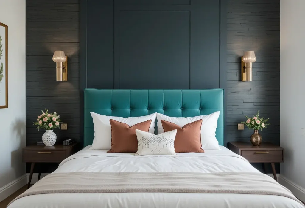 Small bedroom with hidden hamper storage built into furniture to keep the space clean and organized for couples.