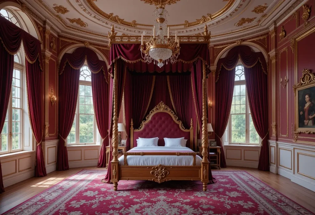 A royal-themed bedroom with arched windows, velvet curtains, a grand canopy bed, and gold detailing.
