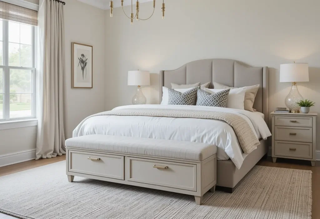 Guest bedroom with double-duty furniture including a storage ottoman and functional nightstand, designed for both comfort and practicality.