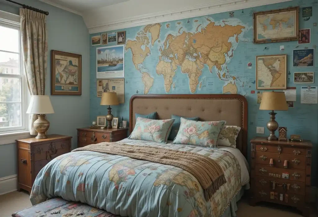 A wanderlust room with globes, a scratch-off map, and travel-themed furniture.