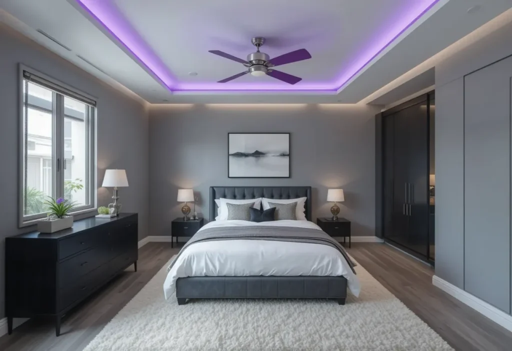 Monochrome grey room with a ceiling fan featuring purple blades.