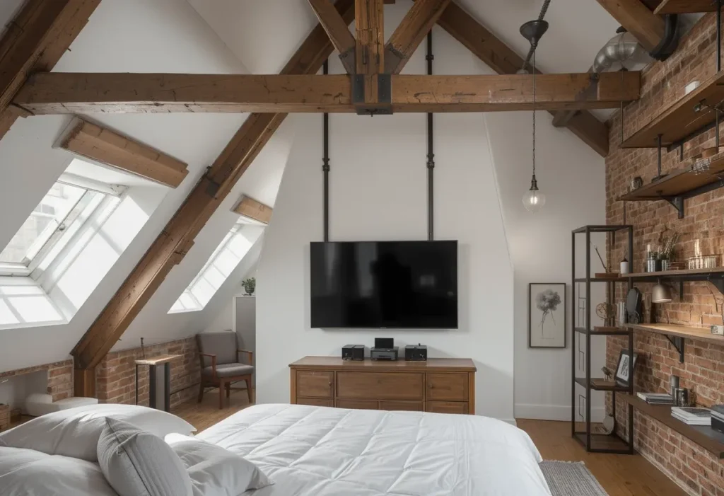 TV hanging from a rustic ceiling beam in a loft-style brown bedroom.