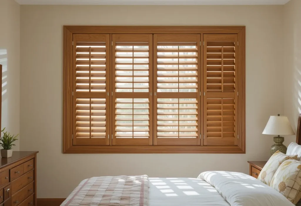 Window with wooden blinds partially open, filtering natural light into a soft-toned bedroom.