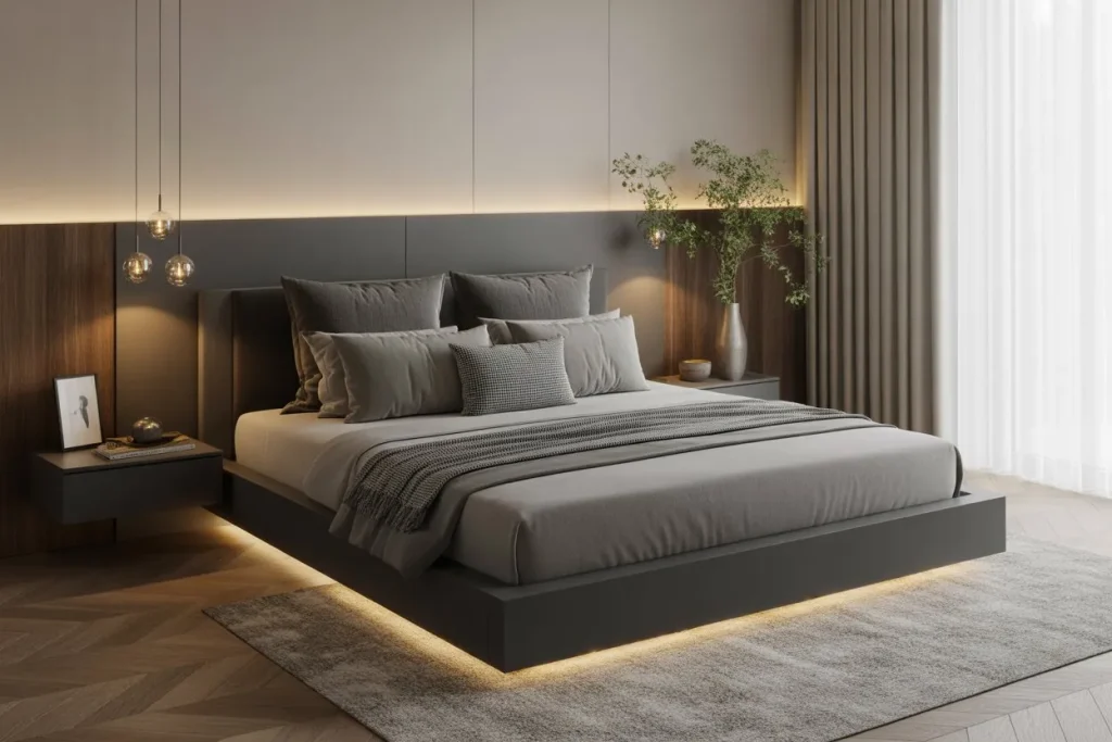 Floating grey bed with LED underlighting, floating nightstands, and minimalist modern decor.