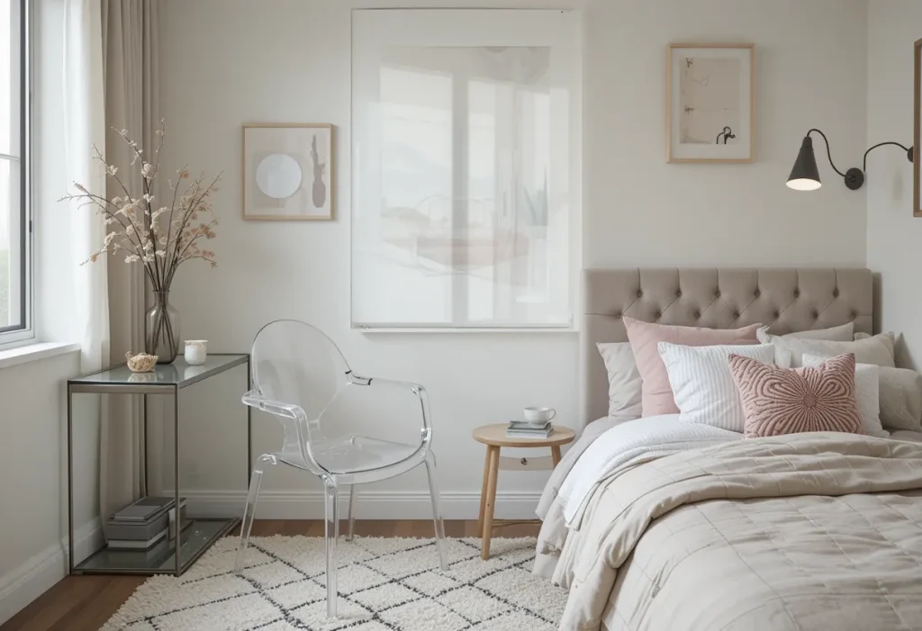 Small room featuring a clear acrylic chair and glass table that visually disappear into the space.