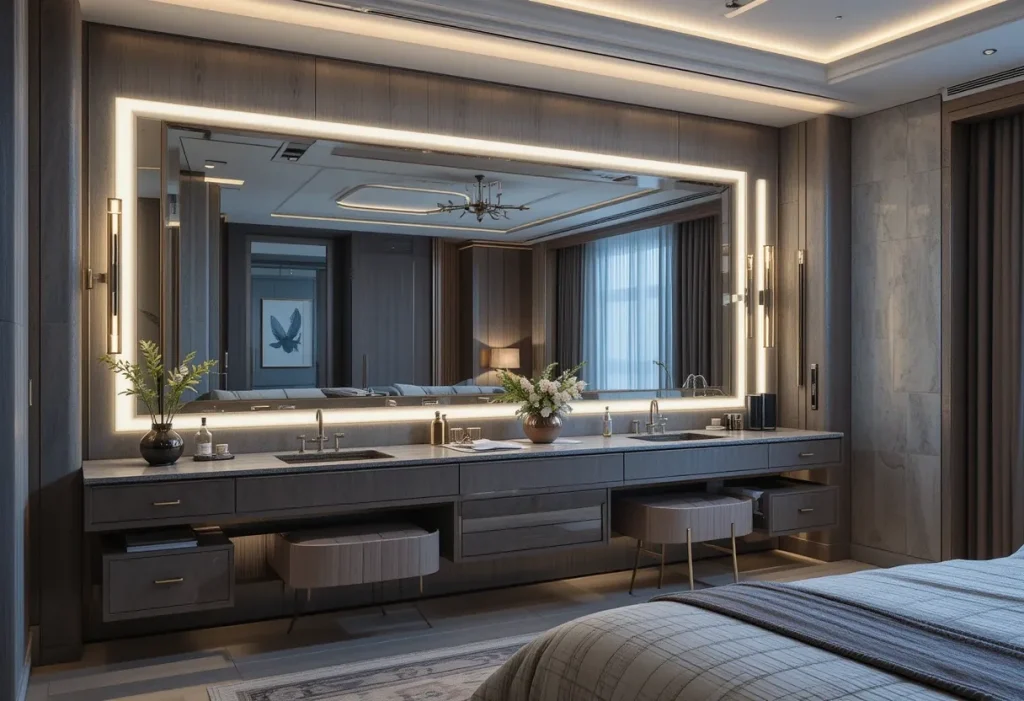 High-end bedroom with a full-length vanity and glowing backlit mirror, floating drawers, and ambient lighting.