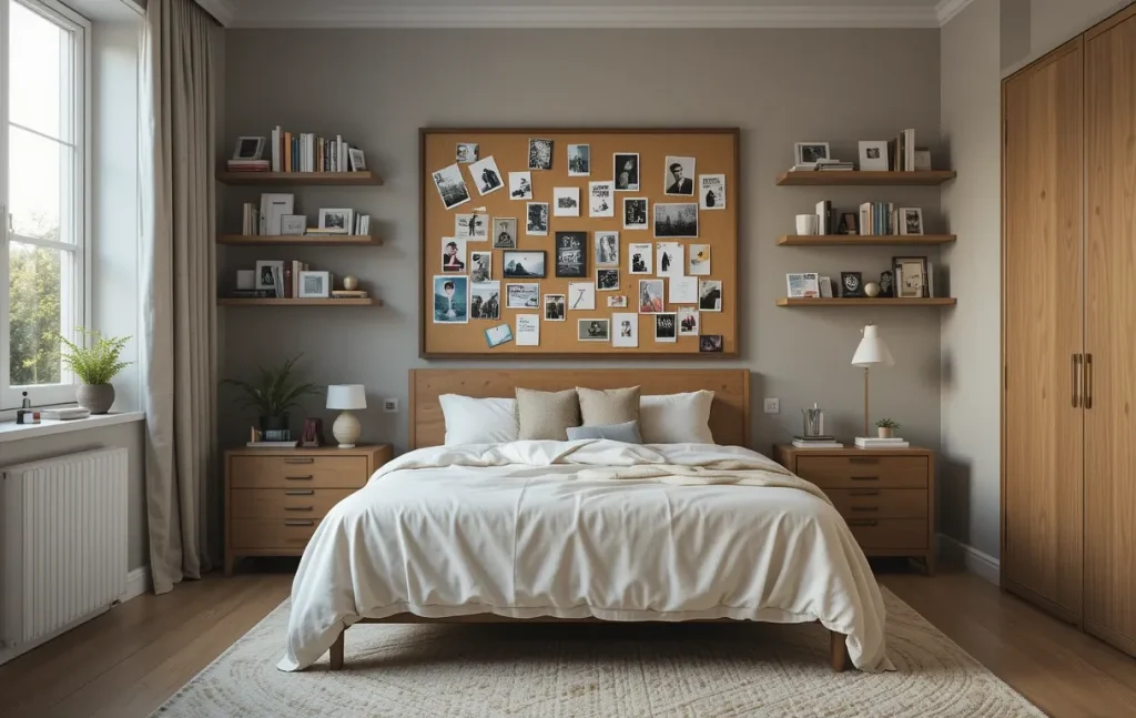 Personalized single-bedroom setup with a cork board above the bed featuring photos and notes.