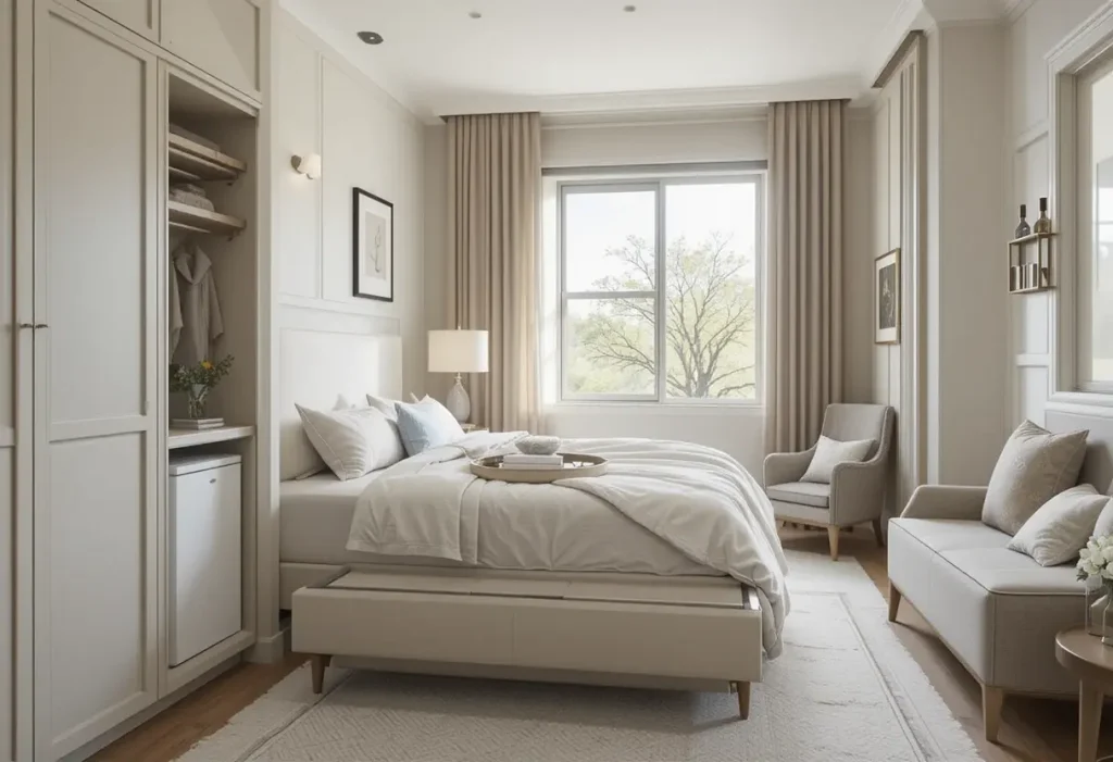 Small bedroom with adjustable wall-mounted lamps on each side of the bed, freeing up space and adding modern style.