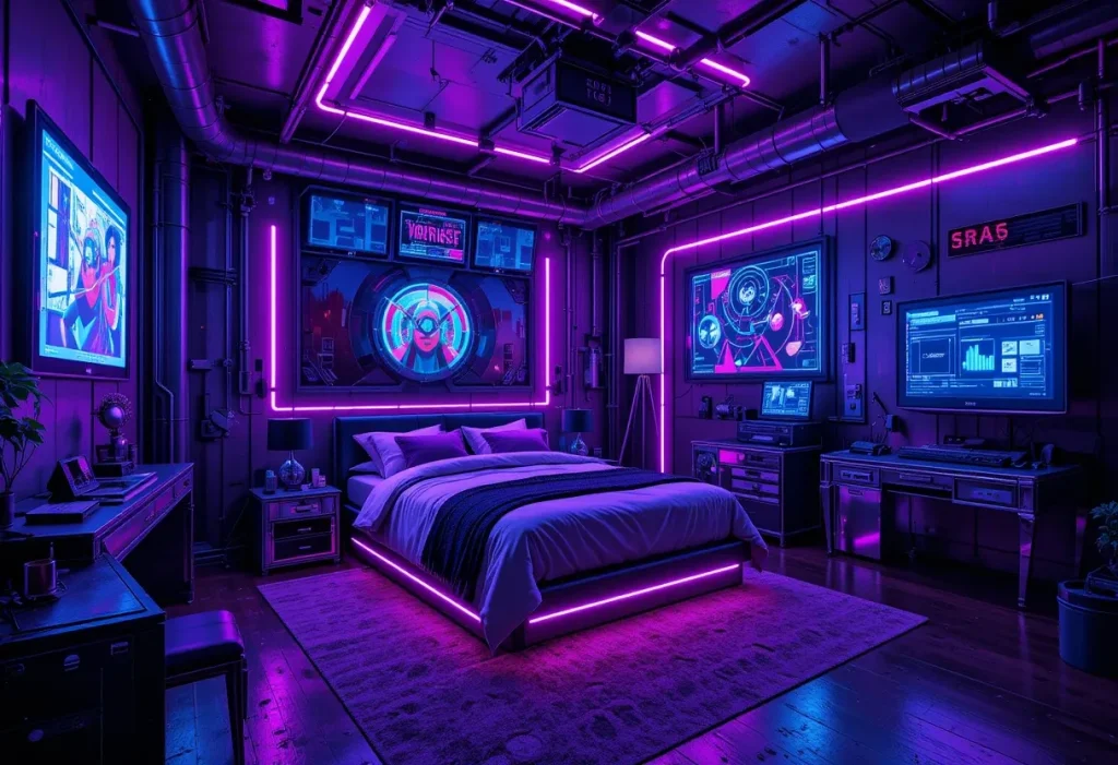 A futuristic bedroom with neon signage, glitch art, dark walls, and purple and blue lighting.