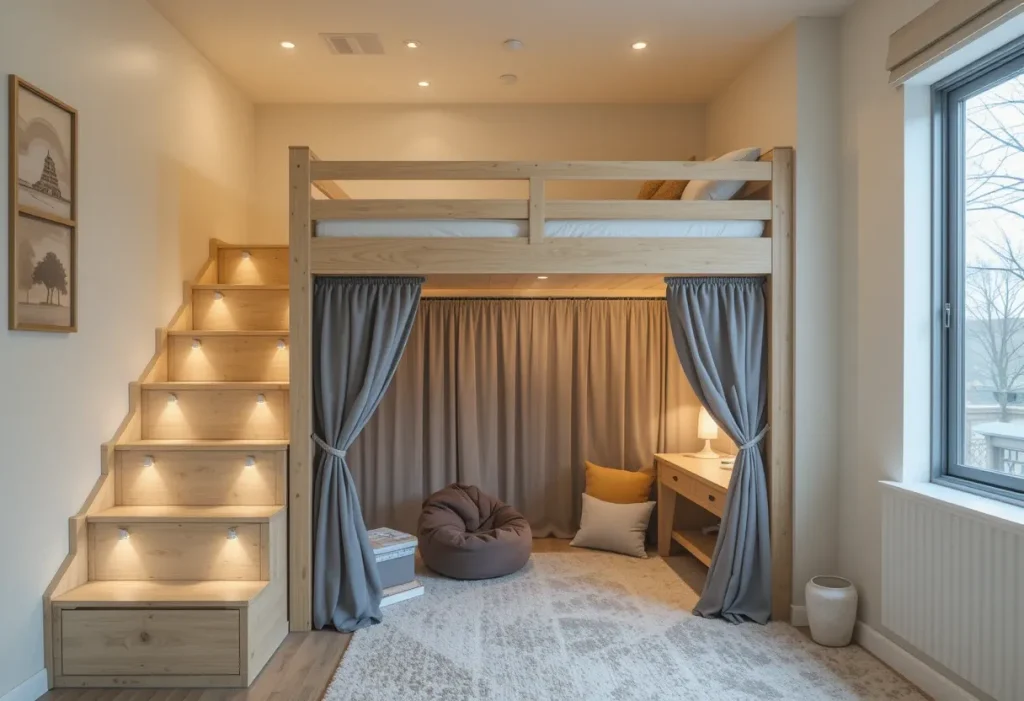 Mini loft bed with curtains enclosing a play area underneath, lit with LED string lights and soft cushions.