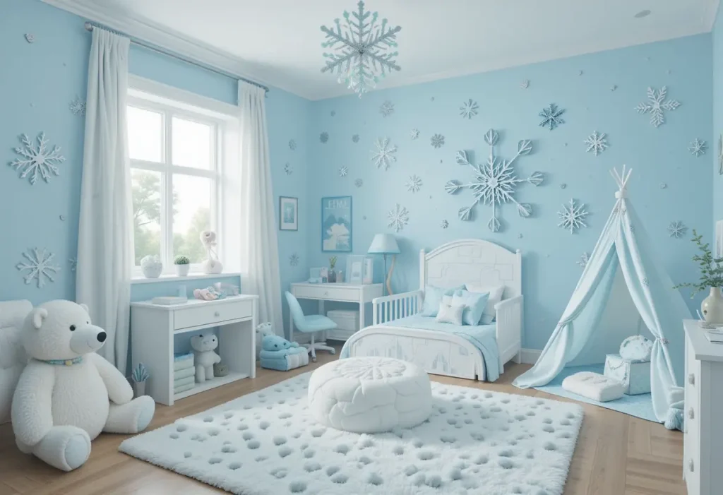 "Arctic-inspired toddler room with blue-and-white tones, polar animals, and snowflake decorations."