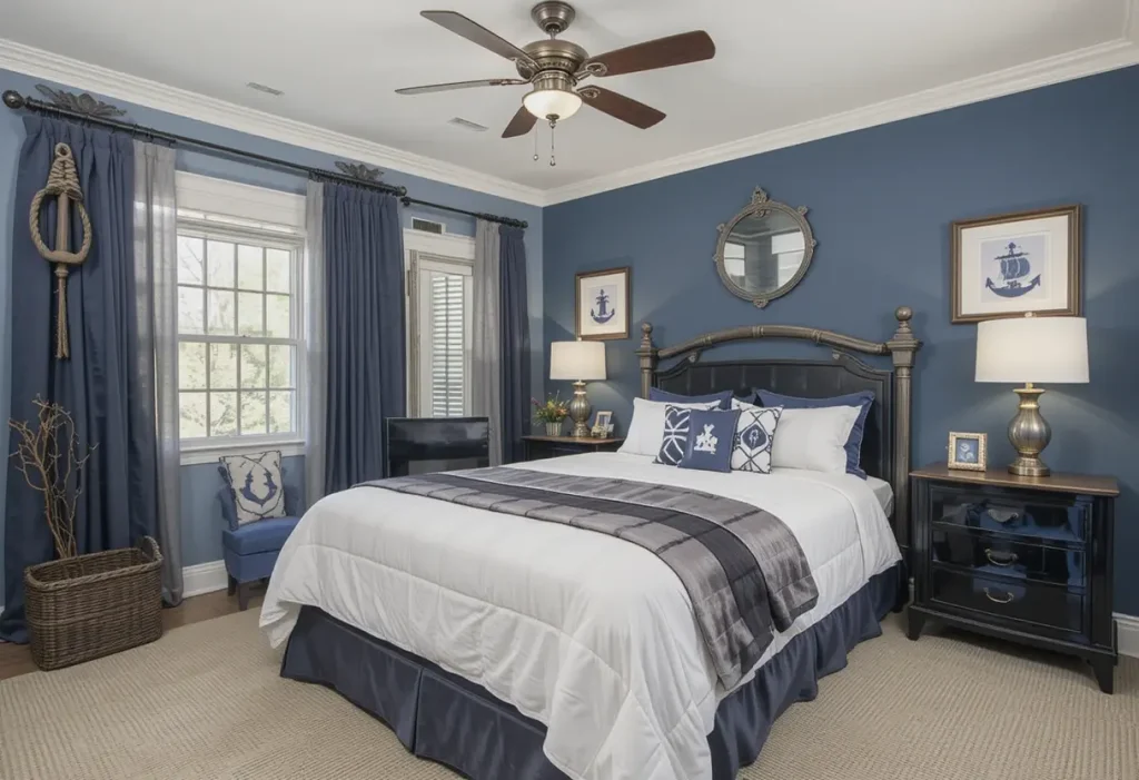 A seaside-themed room with anchors, blue stripes, and rope curtain holders.