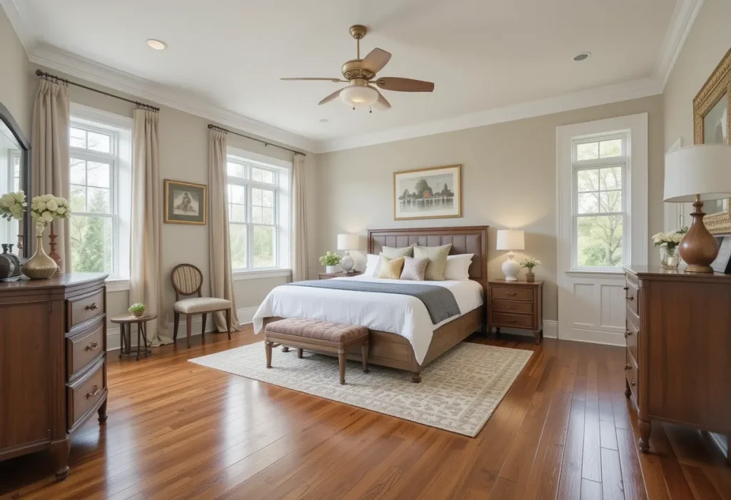 Warm bedroom with glossy chestnut wood flooring and matching wooden furniture.