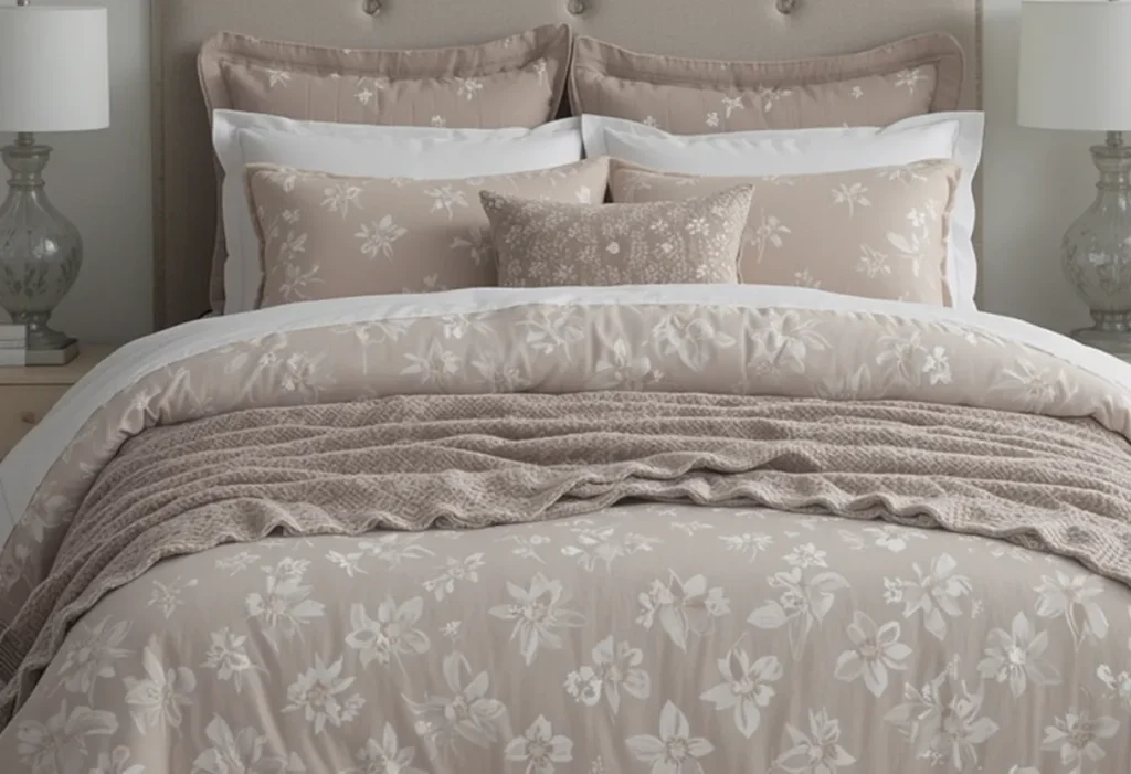 Guest bed styled with matching duvet cover, pillow shams, and throws for a polished look.