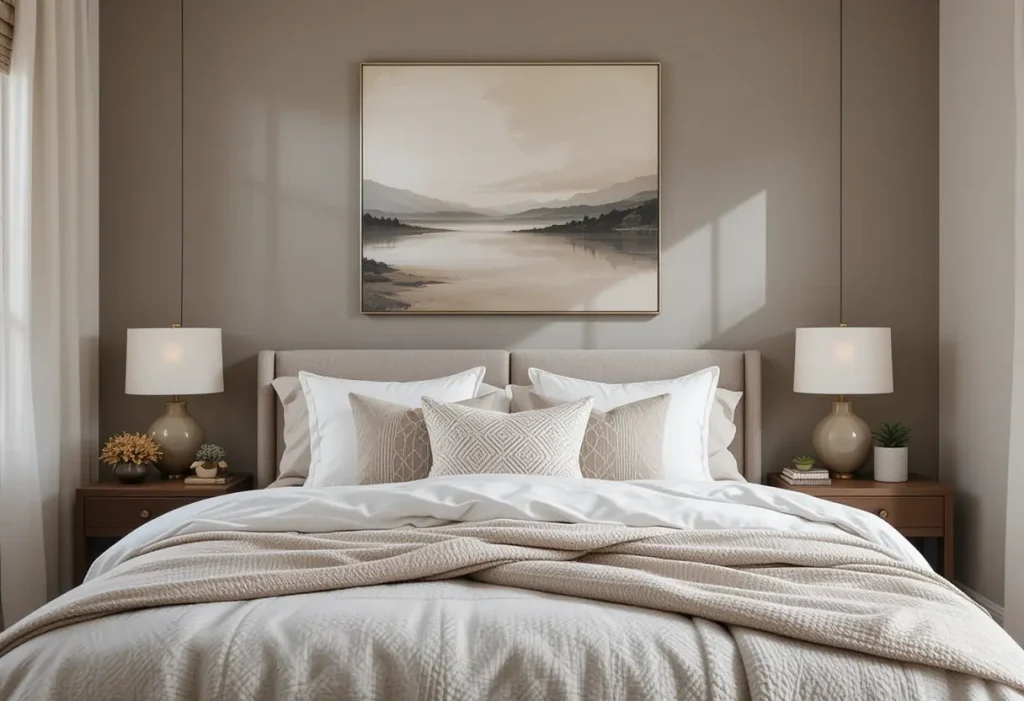 "Bedroom with a large art piece above the bed, adding personality and warmth to a calm, softly lit sleeping space.
