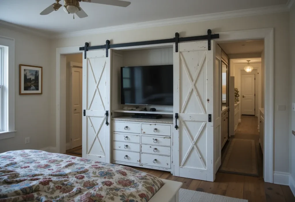 TV hidden inside a sliding barn door cabinet in a farmhouse-inspired brown bedroom.